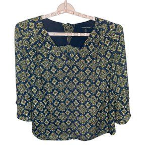 41 Hawthorn Womens Blouse Bell Sleeve Career Yellow Navy Blue Mosaic Bell Sleeve
